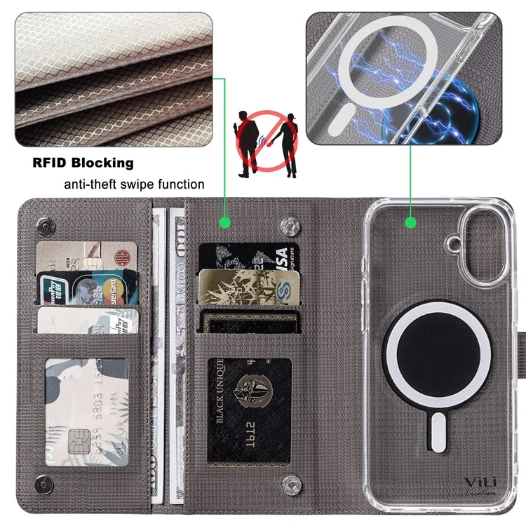 VILI GHA-C Series For iPhone 16 Magnetic Case RFID Blocking Detachable 2 in 1 Leather Phone Cover - Grey