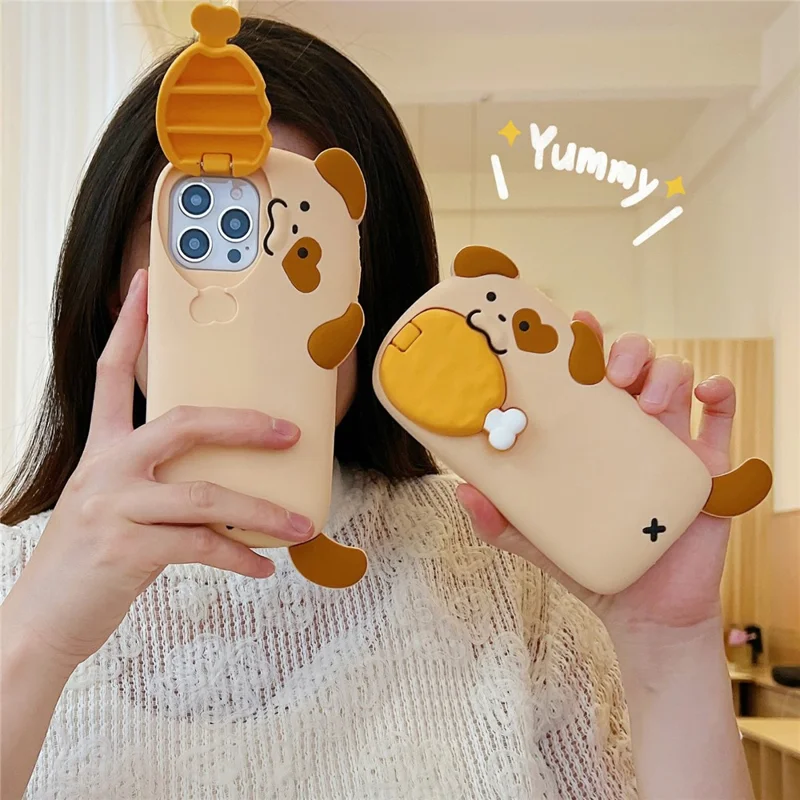 For iPhone 16 Pro Max Silicone Case Dog Eating Chicken Leg Design Lens Cover Kickstand Phone Cover
