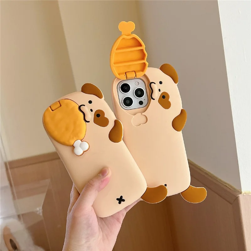 For iPhone 16 Pro Max Silicone Case Dog Eating Chicken Leg Design Lens Cover Kickstand Phone Cover