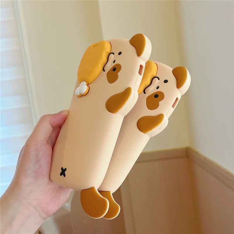 For iPhone 16 Pro Max Silicone Case Dog Eating Chicken Leg Design Lens Cover Kickstand Phone Cover