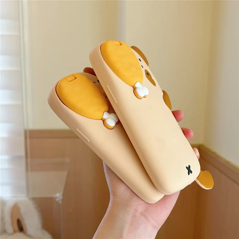 For iPhone 16 Pro Max Silicone Case Dog Eating Chicken Leg Design Lens Cover Kickstand Phone Cover