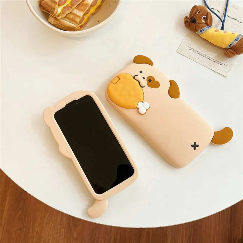 For iPhone 16 Pro Max Silicone Case Dog Eating Chicken Leg Design Lens Cover Kickstand Phone Cover