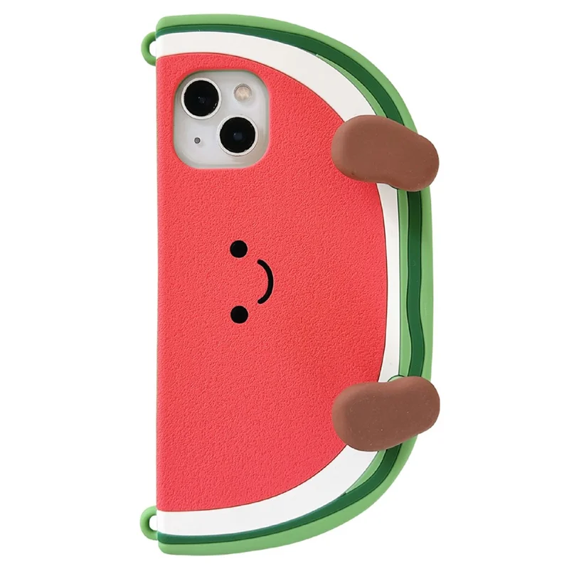 For iPhone 15 Silicone Case Standing Watermelon Design Kickstand Shockproof Phone Cover with Shoulder Strap