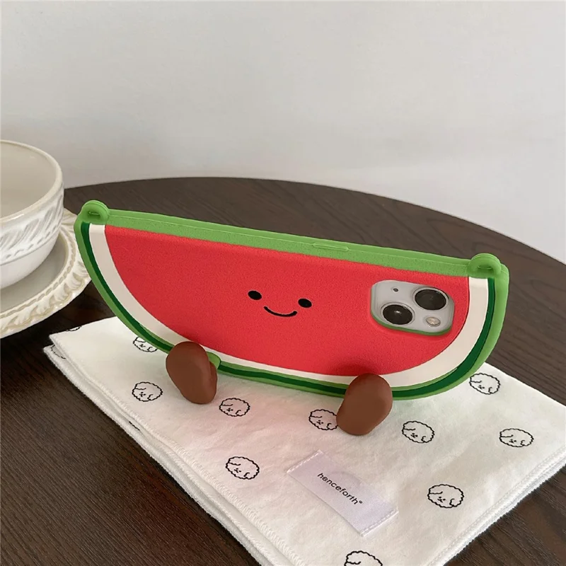 For iPhone 15 Silicone Case Standing Watermelon Design Kickstand Shockproof Phone Cover with Shoulder Strap