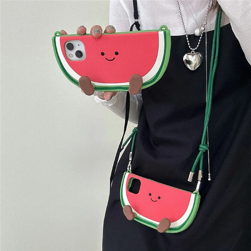 For iPhone 15 Silicone Case Standing Watermelon Design Kickstand Shockproof Phone Cover with Shoulder Strap