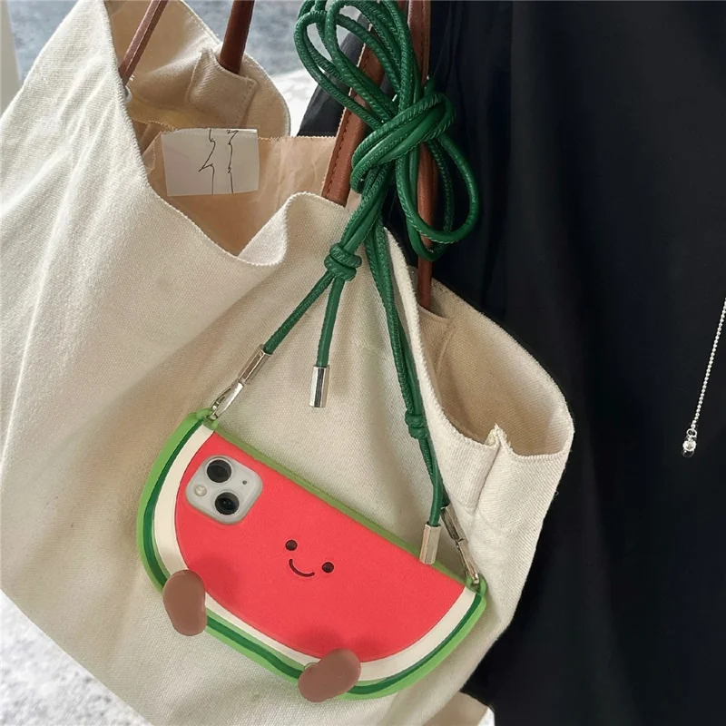 For iPhone 15 Silicone Case Standing Watermelon Design Kickstand Shockproof Phone Cover with Shoulder Strap