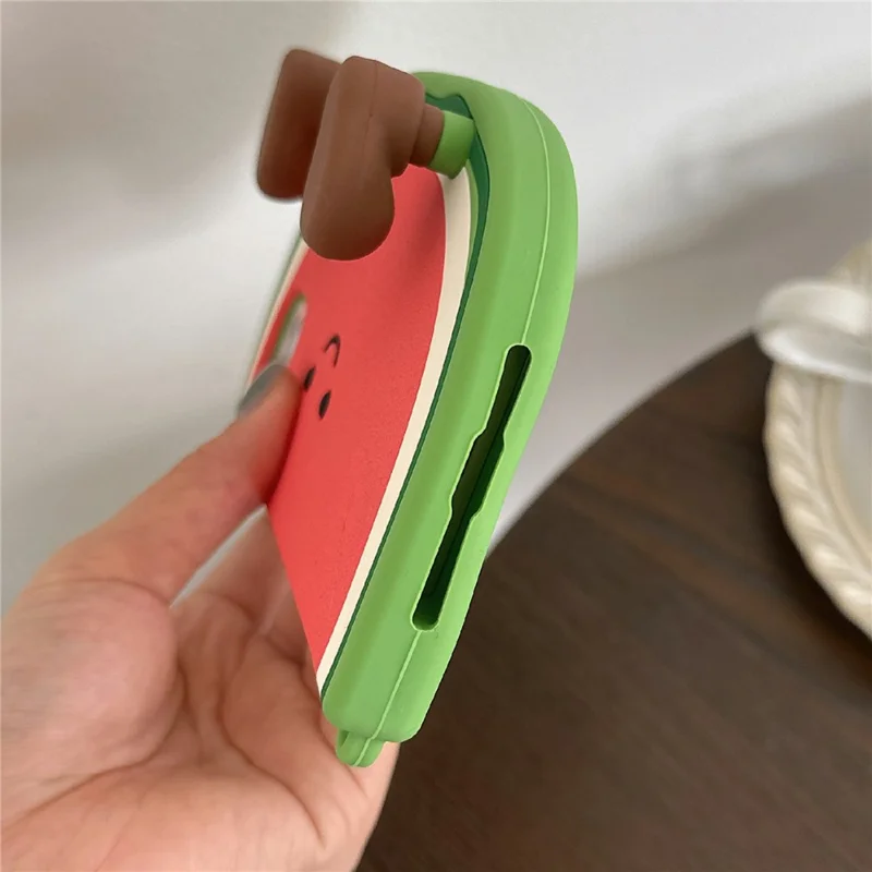 For iPhone 15 Silicone Case Standing Watermelon Design Kickstand Shockproof Phone Cover with Shoulder Strap
