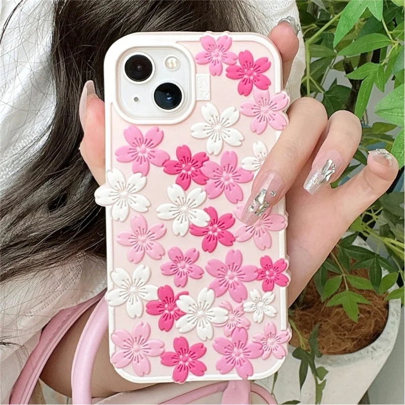 Étui en silicone pour iPhone 15 Motif de cerisier en 3D Housse de téléphone antichoc