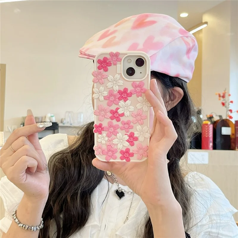 Étui en silicone pour iPhone 15 Motif de cerisier en 3D Housse de téléphone antichoc