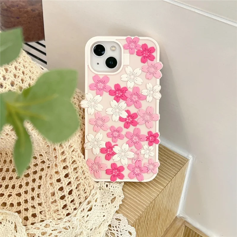 Étui en silicone pour iPhone 15 Motif de cerisier en 3D Housse de téléphone antichoc