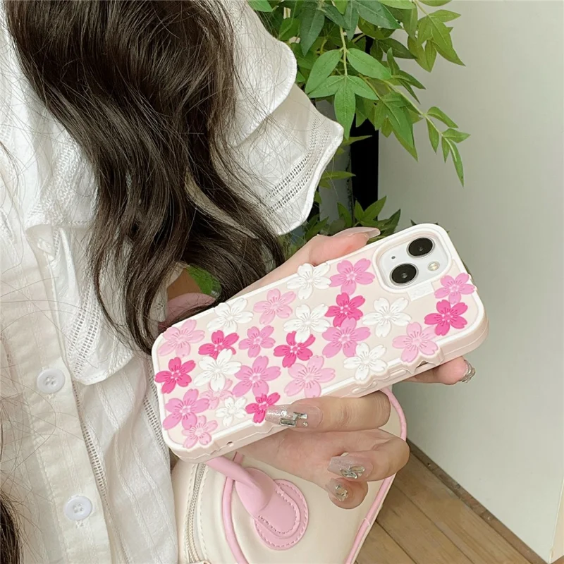 Étui en silicone pour iPhone 15 Motif de cerisier en 3D Housse de téléphone antichoc