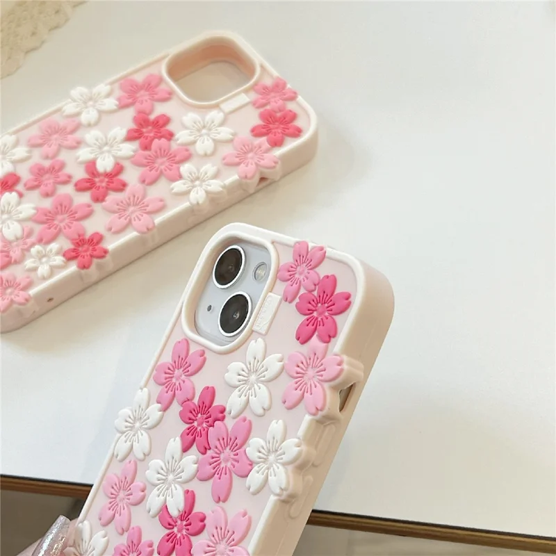 Étui en silicone pour iPhone 15 Motif de cerisier en 3D Housse de téléphone antichoc
