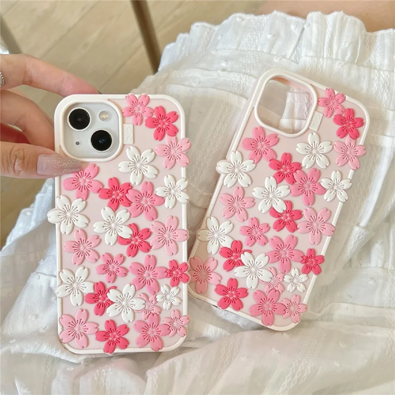 Étui en silicone pour iPhone 15 Motif de cerisier en 3D Housse de téléphone antichoc