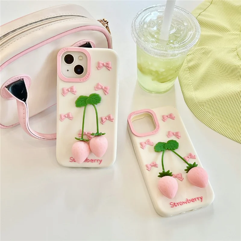 For iPhone 15 Silicone Case Cute Pendant Strawberry Design Shockproof Durable Phone Cover
