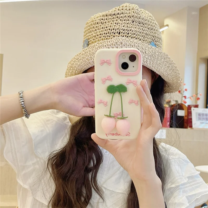For iPhone 15 Silicone Case Cute Pendant Strawberry Design Shockproof Durable Phone Cover