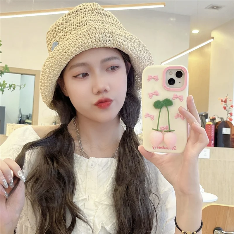 For iPhone 15 Silicone Case Cute Pendant Strawberry Design Shockproof Durable Phone Cover