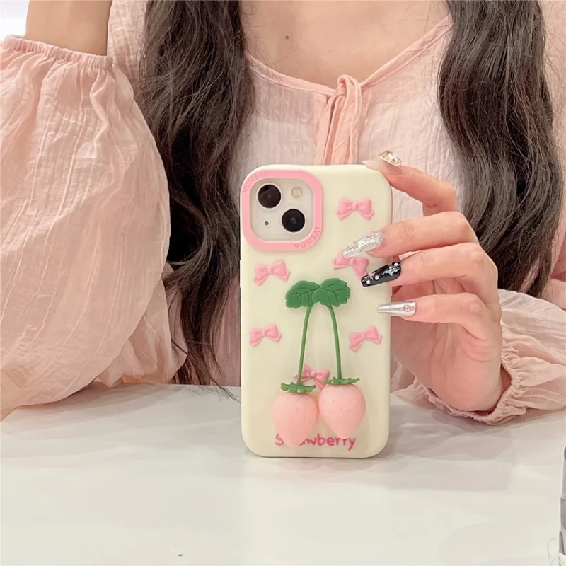 For iPhone 15 Silicone Case Cute Pendant Strawberry Design Shockproof Durable Phone Cover