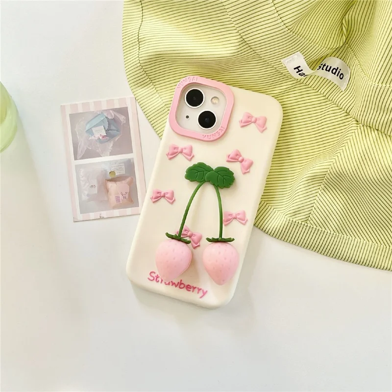 For iPhone 15 Silicone Case Cute Pendant Strawberry Design Shockproof Durable Phone Cover