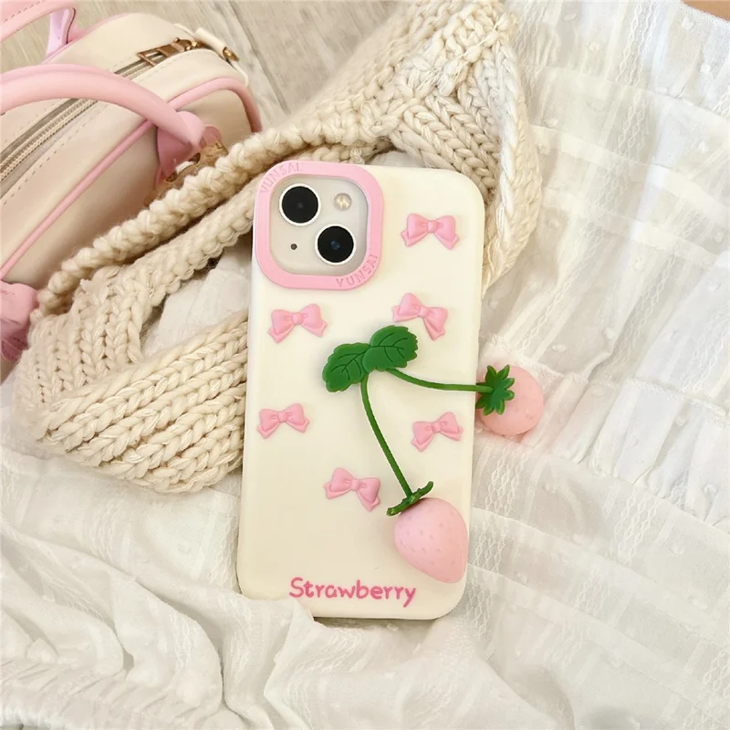 For iPhone 15 Silicone Case Cute Pendant Strawberry Design Shockproof Durable Phone Cover