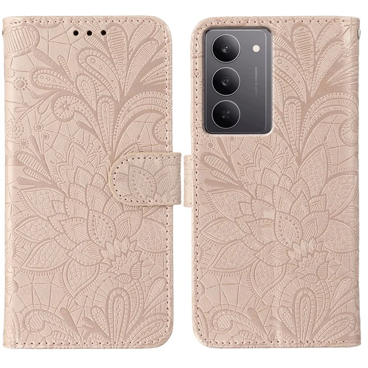 For Realme 14x (India) 5G Case Lace Flowers PU Leather Flip Wallet Phone Cover - Rose Gold