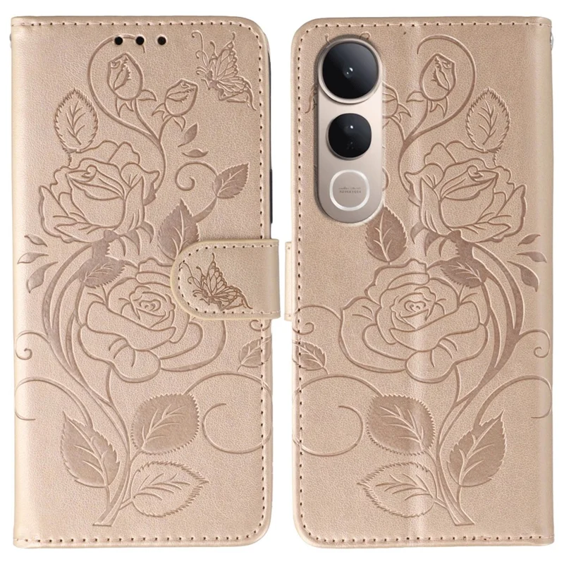 For vivo V50 Lite 4G / 5G Case Wallet Stand Imprinted Rose Butterfly PU Leather Phone Cover - Rose Gold