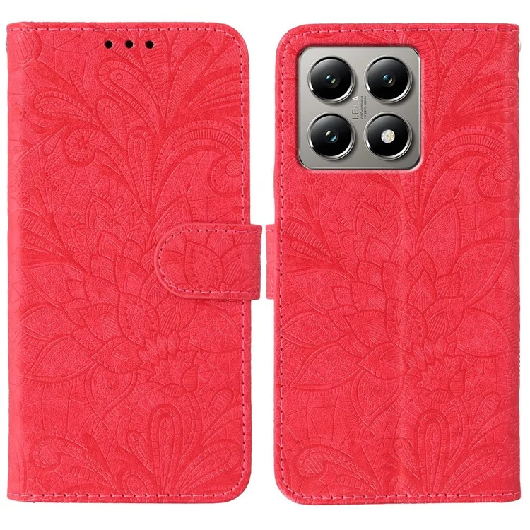 For Xiaomi 14T Pro Case Lace Flowers PU Leather Flip Wallet Phone Cover - Red