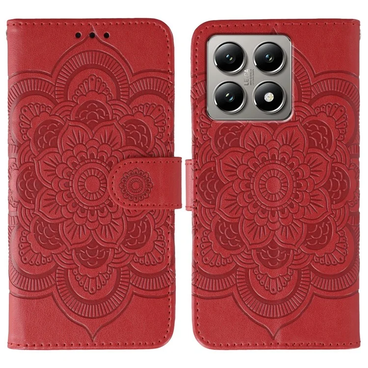 For Xiaomi 14T Case PU Leather Mandala Imprinted Design Wallet Phone Cover with Wrist Strap - Red