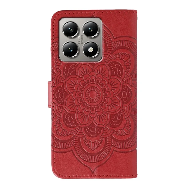 For Xiaomi 14T Case PU Leather Mandala Imprinted Design Wallet Phone Cover with Wrist Strap - Red