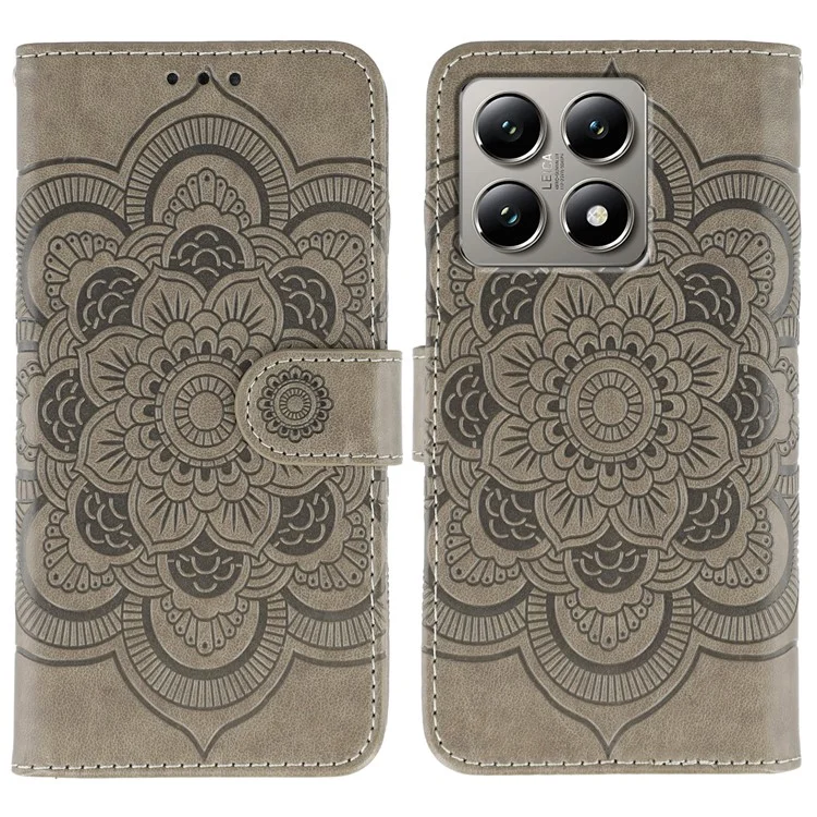 For Xiaomi 14T Pro Case PU Leather Mandala Imprinted Design Wallet Phone Cover with Wrist Strap - Grey