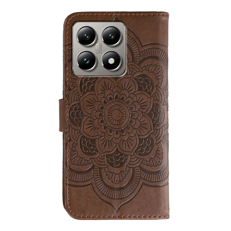 For Xiaomi 14T Pro Case PU Leather Mandala Imprinted Design Wallet Phone Cover with Wrist Strap - Brown