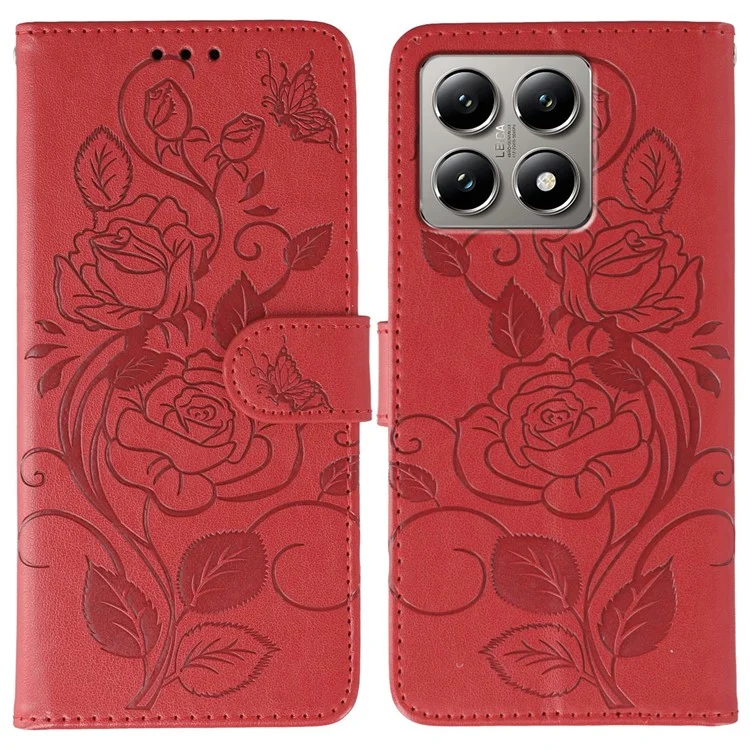 For Xiaomi 14T Case Wallet Stand Imprinted Rose Butterfly PU Leather Phone Cover - Red