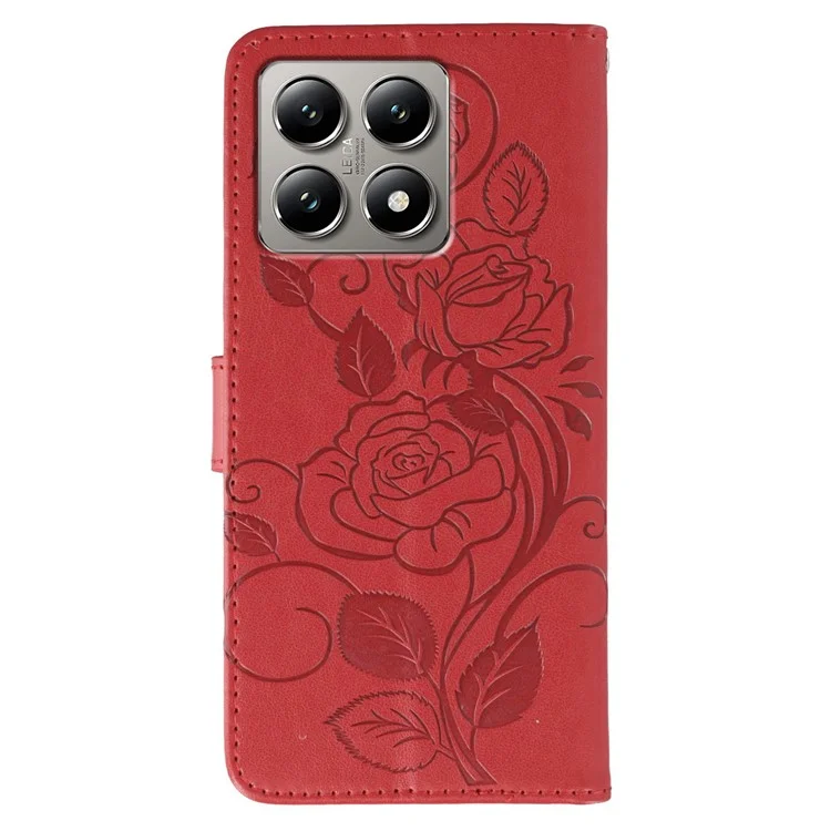 For Xiaomi 14T Case Wallet Stand Imprinted Rose Butterfly PU Leather Phone Cover - Red