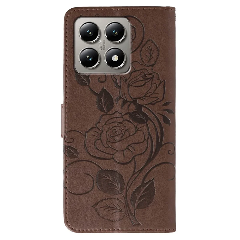 For Xiaomi 14T Pro Case Wallet Stand Imprinted Rose Butterfly PU Leather Phone Cover - Brown