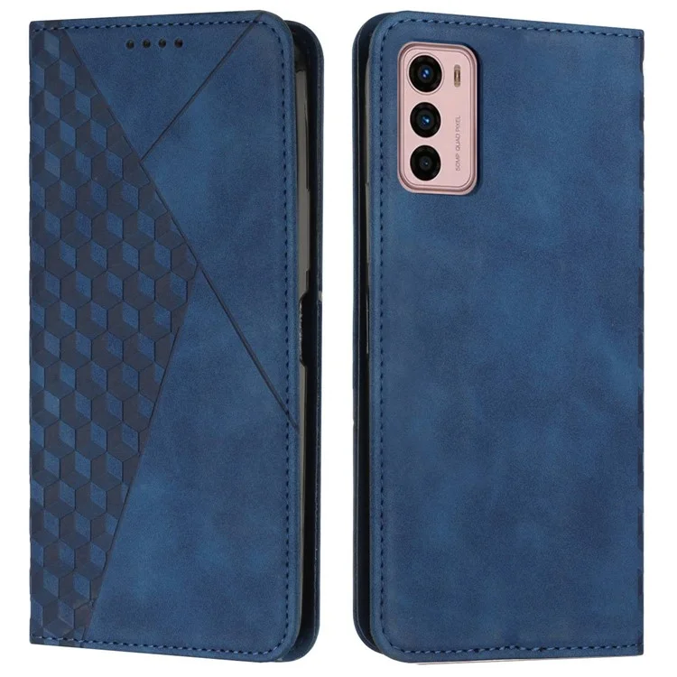 Caixa de Telefone de Couro PU Para Motorola Moto G42 4G, Padrão de Rhombus Impresso Tampa da Pele Tampa Flip Stand Stand Stand Protetive Shell - Safira