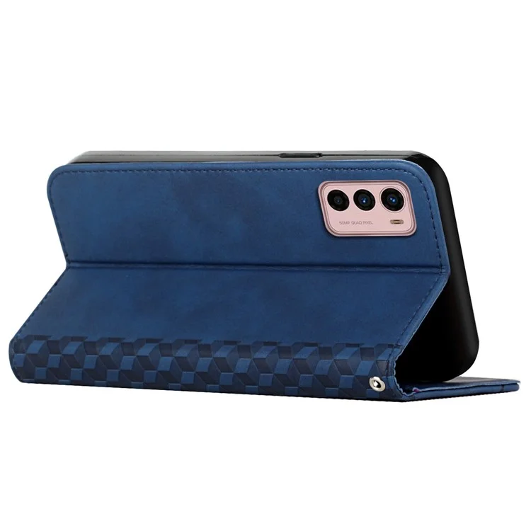Caixa de Telefone de Couro PU Para Motorola Moto G42 4G, Padrão de Rhombus Impresso Tampa da Pele Tampa Flip Stand Stand Stand Protetive Shell - Safira