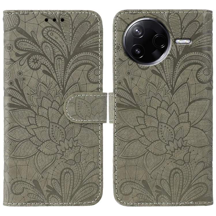 For Xiaomi Poco F7 Pro 5G / Redmi K80 5G Case Lace Flowers PU Leather Flip Wallet Phone Cover - Grey