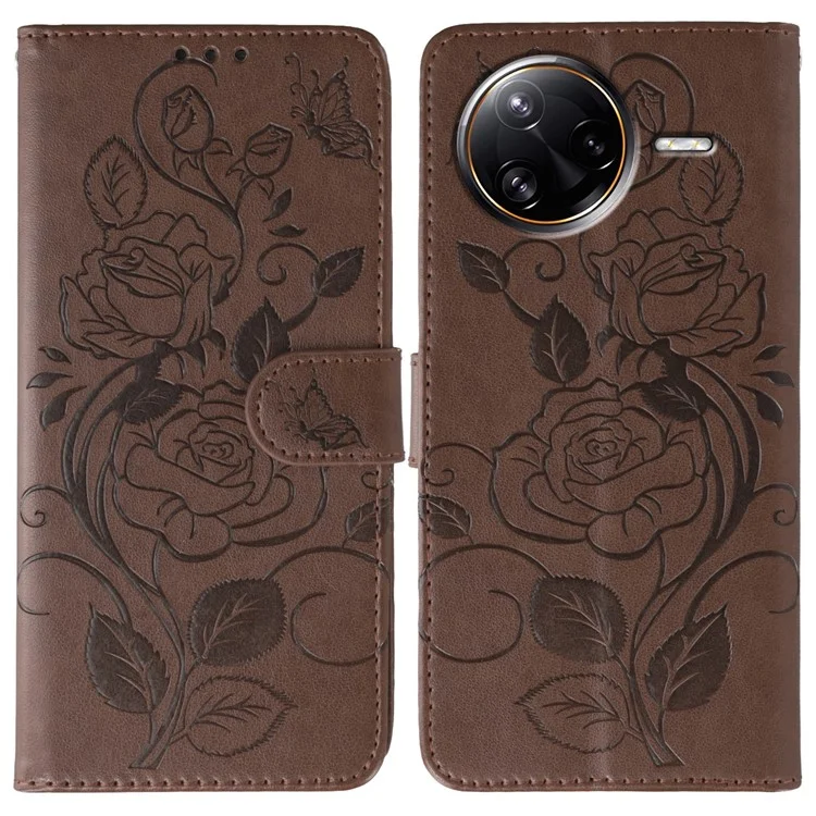 Für Xiaomi Poco F7 Ultra 5G / Redmi K80 Pro 5G Hülle Brieftasche Ständer Geprägter Rosen-Schmetterling PU-Leder Handyhülle - Braun
