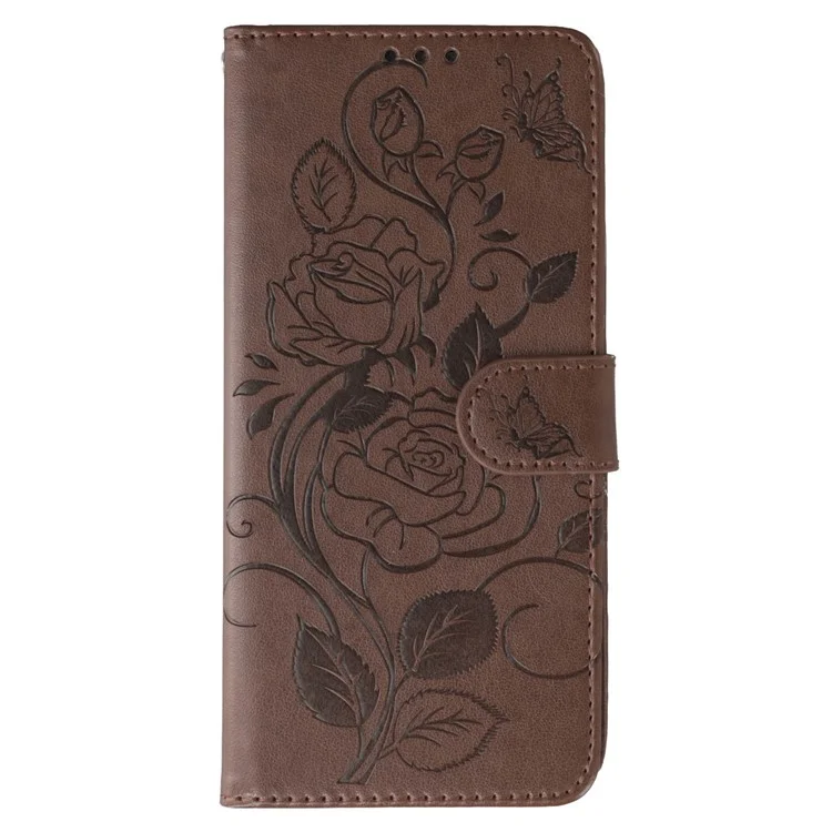 Für Xiaomi Poco F7 Ultra 5G / Redmi K80 Pro 5G Hülle Brieftasche Ständer Geprägter Rosen-Schmetterling PU-Leder Handyhülle - Braun