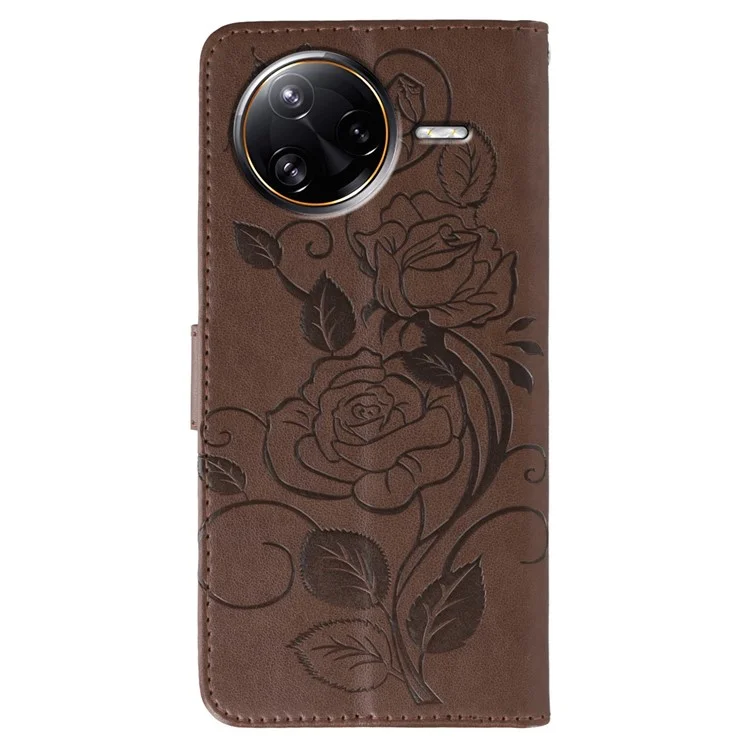 Für Xiaomi Poco F7 Ultra 5G / Redmi K80 Pro 5G Hülle Brieftasche Ständer Geprägter Rosen-Schmetterling PU-Leder Handyhülle - Braun