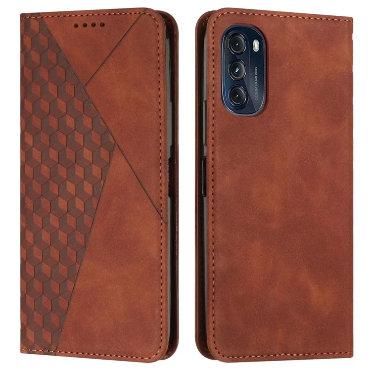 For Motorola Moto G (2022) 5G PU Leather Rhombus Pattern Imprinted Case Stand Magnetic Absorption Flip Wallet Phone Cover with Strap - Brown