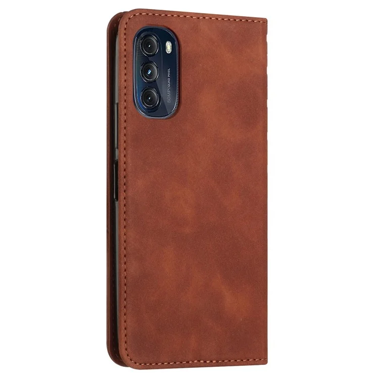 For Motorola Moto G (2022) 5G PU Leather Rhombus Pattern Imprinted Case Stand Magnetic Absorption Flip Wallet Phone Cover with Strap - Brown