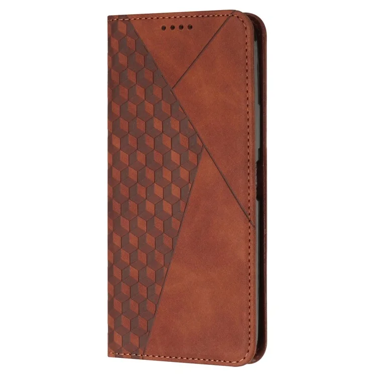 For Motorola Moto G (2022) 5G PU Leather Rhombus Pattern Imprinted Case Stand Magnetic Absorption Flip Wallet Phone Cover with Strap - Brown