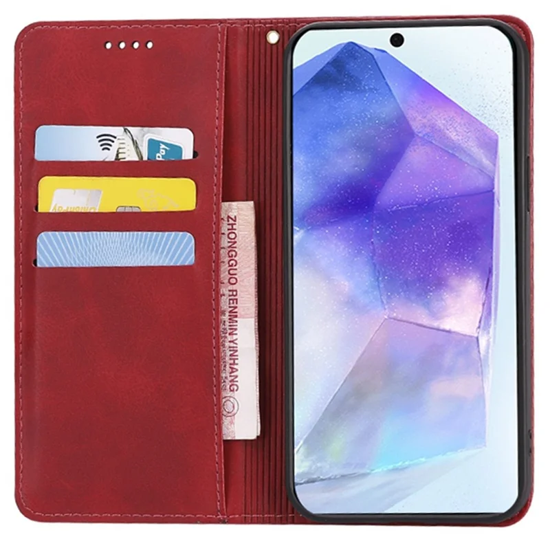 For Samsung Galaxy A55 5G Case Wallet Calf Texture Leather Phone Cover with Hidden Magnetic Closure - Red