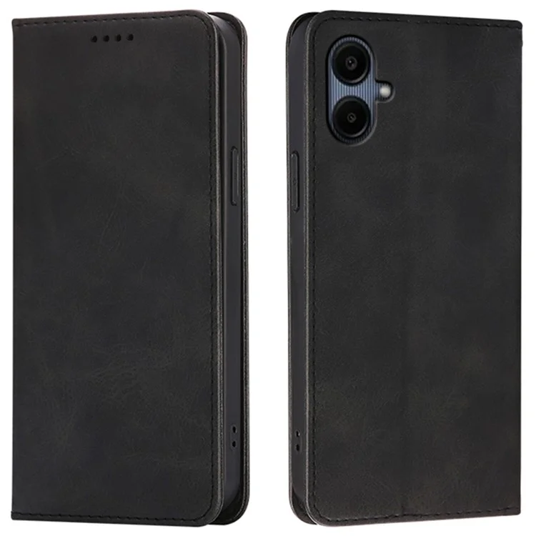 For Samsung Galaxy A06 4G / 5G Case Wallet Calf Texture Leather Phone Cover with Hidden Magnetic Closure - Black
