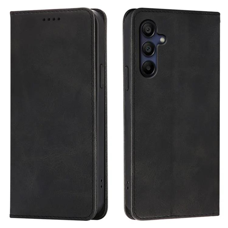 For Samsung Galaxy A26 5G Case Wallet Calf Texture Leather Phone Cover with Hidden Magnetic Closure - Black
