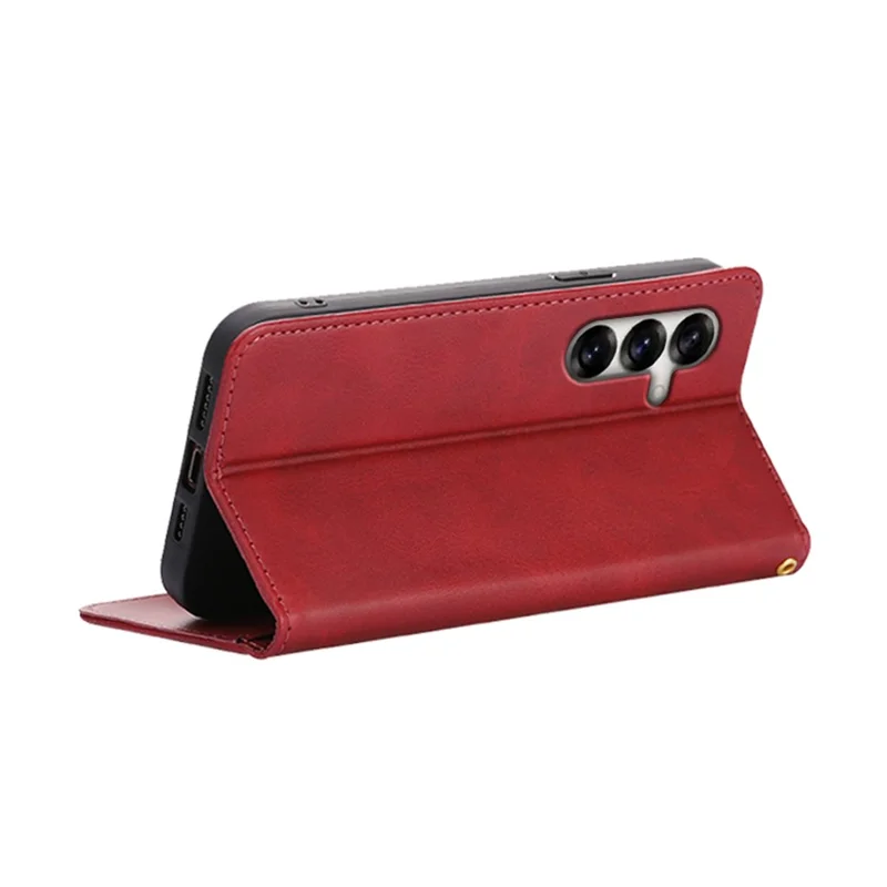 For Samsung Galaxy S24 Case Wallet Calf Texture Leather Phone Cover with Hidden Magnetic Closure - Red