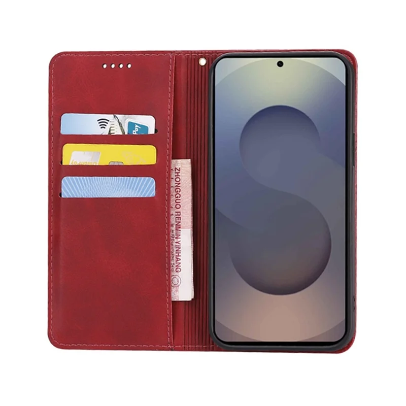For Samsung Galaxy S25 Ultra Case Wallet Calf Texture Leather Phone Cover with Hidden Magnetic Closure - Red