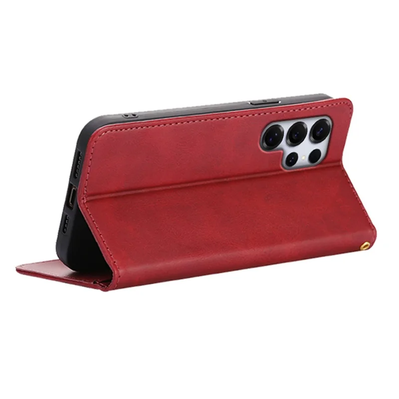 For Samsung Galaxy S25 Ultra Case Wallet Calf Texture Leather Phone Cover with Hidden Magnetic Closure - Red