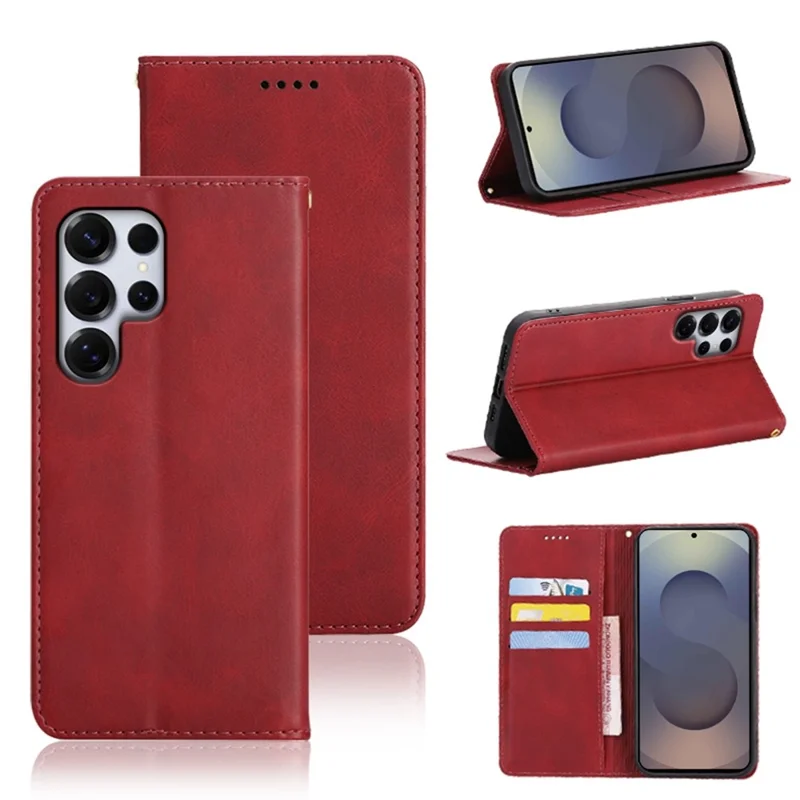 For Samsung Galaxy S25 Ultra Case Wallet Calf Texture Leather Phone Cover with Hidden Magnetic Closure - Red