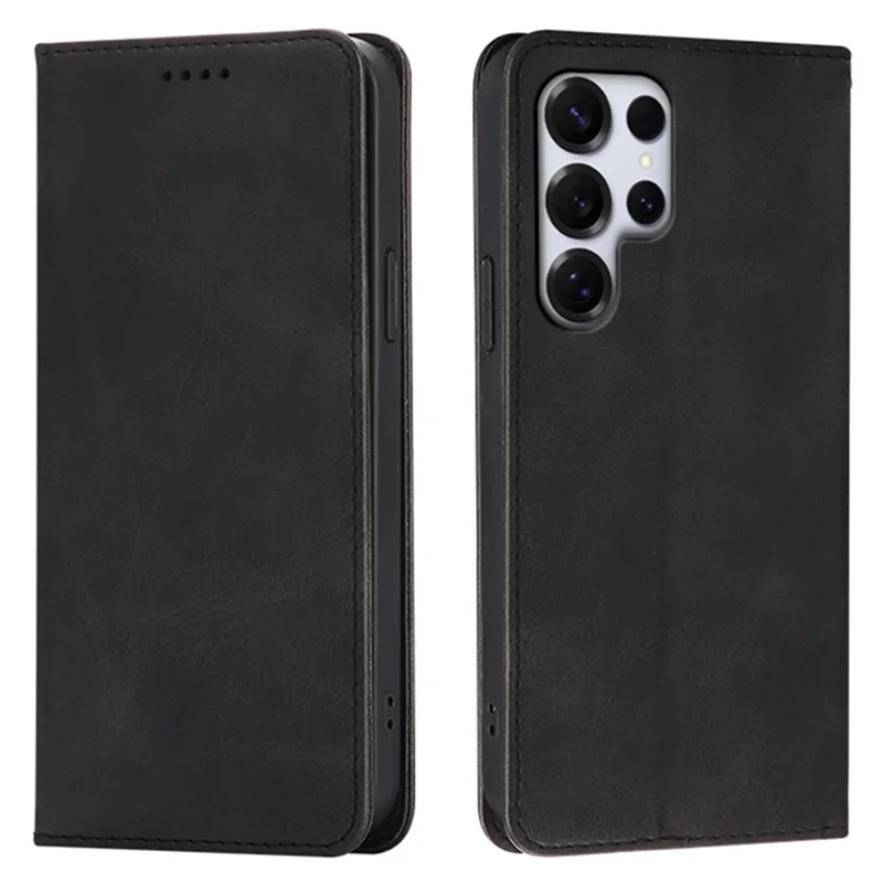 For Samsung Galaxy S24 Ultra Case Wallet Calf Texture Leather Phone Cover with Hidden Magnetic Closure - Black